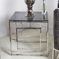 Modern Square Stainless Steel Side End Display Table With Smoked Glass Top 55cm