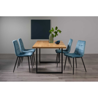 Rustic Oak Effect Melamine 160cm Dining Table Set U Leg 4 Blue Velvet Fabric Chairs