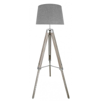 Natural Grey Hollywood Tripod Floor Lamp With Round Grey Linen Shade