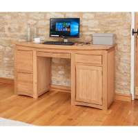 Modern Light Solid Oak Home Office Computer Study Desk With Keyboard Tray 2 Filing Drawers and Cupboard