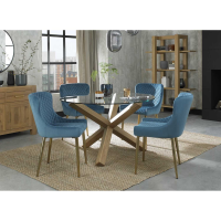 Modern Clear Glass Top Round 120cm Dining Table Set 4 Petrol Blue Velvet Fabric Chairs