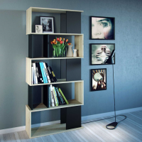 2 Tone Oak and Black Asymmetrical Mid Century Modern Tall Open Bookcase 4 Shelves