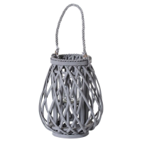 Small Grey Wicker Bulbous Lantern With Rope and Glass Candle Holder 30x10cm