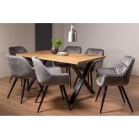 Ramsay Oak 6 Seater Rectangular Dining Table And Dali 6 Grey Velvet Chairs Dining Set