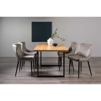 Modern Rustic Oak Dining Table Set 4 Grey Velvet Chairs Black Legs