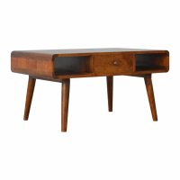 Modern 1 Drawer and 2 Curved Edge Open Shelves Coffee Table in Chestnut 45x85cm