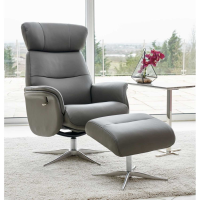 Modern Grey Leather Swivel Recliner Armchair and Footstool Set Chrome Base