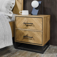 Rustic Oak 2 Drawer Bedside Cabinet Chevron Design Black Metal Base