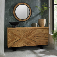 Rustic Oak Large Wide Sideboard 2 Marquetry Doors 3 Drawers Black Legs