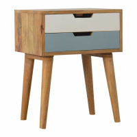 Scandi Bedside Table Cabinet Nightstand with 2 Blue White Painted Cutout Drawer Front