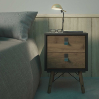 Retro Matt Black Walnut 2 Drawer Bedside Cabinet With Unique Black Handles 59.6 x 43.3cm