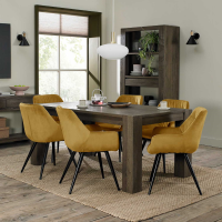 Fumed Oak 6 to 8 Seater Dining Room Table Set 6 Mustard Velvet Fabric Chairs 180 to 235cm