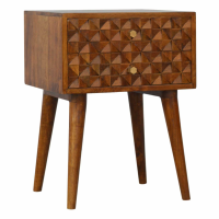 Modern 2 Drawer Mango Wood Diamond Carved Bedside with Pull Out Bar 57x43cm