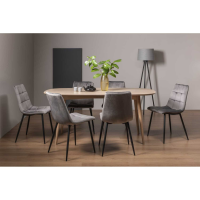 Modern Scandi Oak Oval Dining Table Set with 6 Grey Velvet Fabric Chairs 175cm