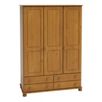 Richmond Pine Wood Stained Lacquered 3 Door 4 Drawer Triple Bedroom Wardrobe 185x129cm