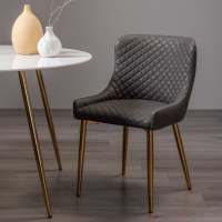 Dark Grey Faux Leather Upholstered Diamond Stitched Pattern Kitchen Dining Chair on Gold Legs