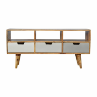 Nordic Style Mango Wood Media Unit With 3 Grey Hand Painted Cut Out Drawers 52 x 110cm