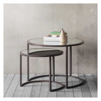 Stylish Glass Metal Round Nest Of 2 Coffee Tables Black Metal Base 80cm Diameter