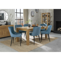 Turin Light Oak 6 to 8 Seater Table And 6 Cezanne Petrol Blue Velvet Chairs Dining Set