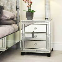 Crystal Mirrored Glass 3 Drawer Bedside Cabinet Table Nightstand Crushed Diamond Trim