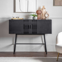 Modern Matt Black Wood 2 Door Sideboard Console Hall Table Black Metal Legs