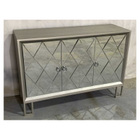 Diamond Champagne Silver Mirrored Glass 3 Door Sideboard on Metal Legs Vintage