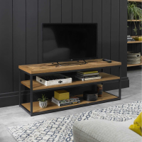 Rustic Oak Wood TV Media Entertainment Unit Open Shelves Black Metal Frame