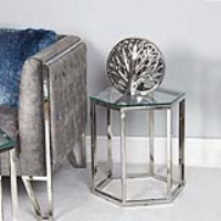 Hexagon Geometric Silver Stainless Steel End Side Lamp Table Glass Top 50x48x41cm