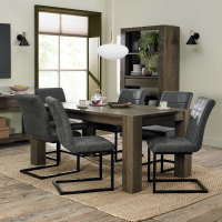 Dark Oak 6 Seater Medium 180cm Dining Room Table Set 6 Distressed Dark Grey Fabric Chairs