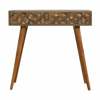 Nordic Style Solid Mango Wood Tile Carving 2 Drawer Living Room Console Table 78 x 80cm