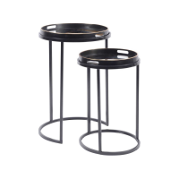 Black and Gold Painted Set of 2 Round Tray Top Nesting Swirl Tables Gold Effect Finish 48cm Diameter
