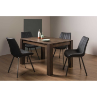 Turin Dark Oak 4 6 Seater Dining Table And 4 Fontana Dark Grey Faux Suede Fabric Chairs with Grey Hand Brushing on Black Powder Coated Legs