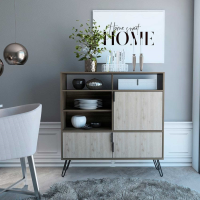 Modern Wide Rectangular Smoked Oak Effect 4 Shelves High Sideboard Black Hairpin Legs