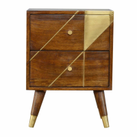 Nordic Style Mango Wood Chestnut 2 Drawer Bedside Cabinet With Gold Detailing 57 x 42cm