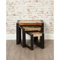 Rustic Reclaimed Wood Nest of 3 Tables Painted Boat Wood Black Metal Frame