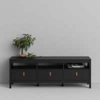 Traditional Matt Black 3 Drawer TV Unit With Brown Leather Tab Handles 54.1 x 151.2cm