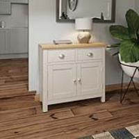 Dove Grey Painted Wooden Small Sideboard Oak Top 2 Doors 2 Drawers