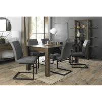 Retro Dark Oak 185 to 245cm Extending Dining Set 6 Distressed Dark Grey Fabric Chairs