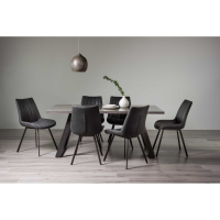 Grey Painted Glass Top Rectangular Dining Table Set 6 Grey Fabric Chairs