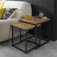 Rustic Oak Square Nest Of 2 Side End Lamp Tables Metal Frame