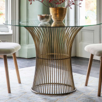Round Glass Top Dining Table Bronze Metal Birdcage Base 110cm Diameter