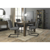 Turin Dark Oak 4 6 Seater Dining Table And 4 Lewis Distressed Dark Grey Fabric Cantilever Chairs with Sand Black Powder Coated Frame
