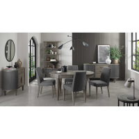 Monroe Silver Grey 4 6 Seater Dining Table And 4 Monroe Silver Grey Upholstered Chairs in Slate Grey Fabric