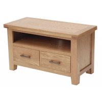 Solid Oak Small TV Media Entertainment Unit 2 Drawers 1 Open Shelf