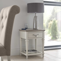 Modern Washed Oak Wood Top and Grey Painted Lamp Side Table 1 Drawer Lower Glass Shelf