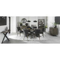 Ellipse Fumed Oak 6 Seater Dining Table And 6 Logan Fumed Oak Upholstered Chairs in Dark Grey Fabric