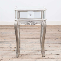 Vintage Distressed Shabby Chic Silver Gilt Leaf Mirrored Single Drawer Bedside Table 74x48cm