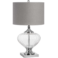Glass Silver Finished Metal Base Table Lamp With Grey Linen Drum Shade
