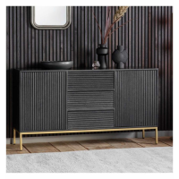 Black Mango Wood Ripple Sideboard 2 Doors 3 Drawers Gold Legs 150cm Wide