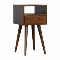 Modern 1 Drawer 1 Open Shelf Mango Wood Chestnut Finish Petite Bedside Table Cabinet